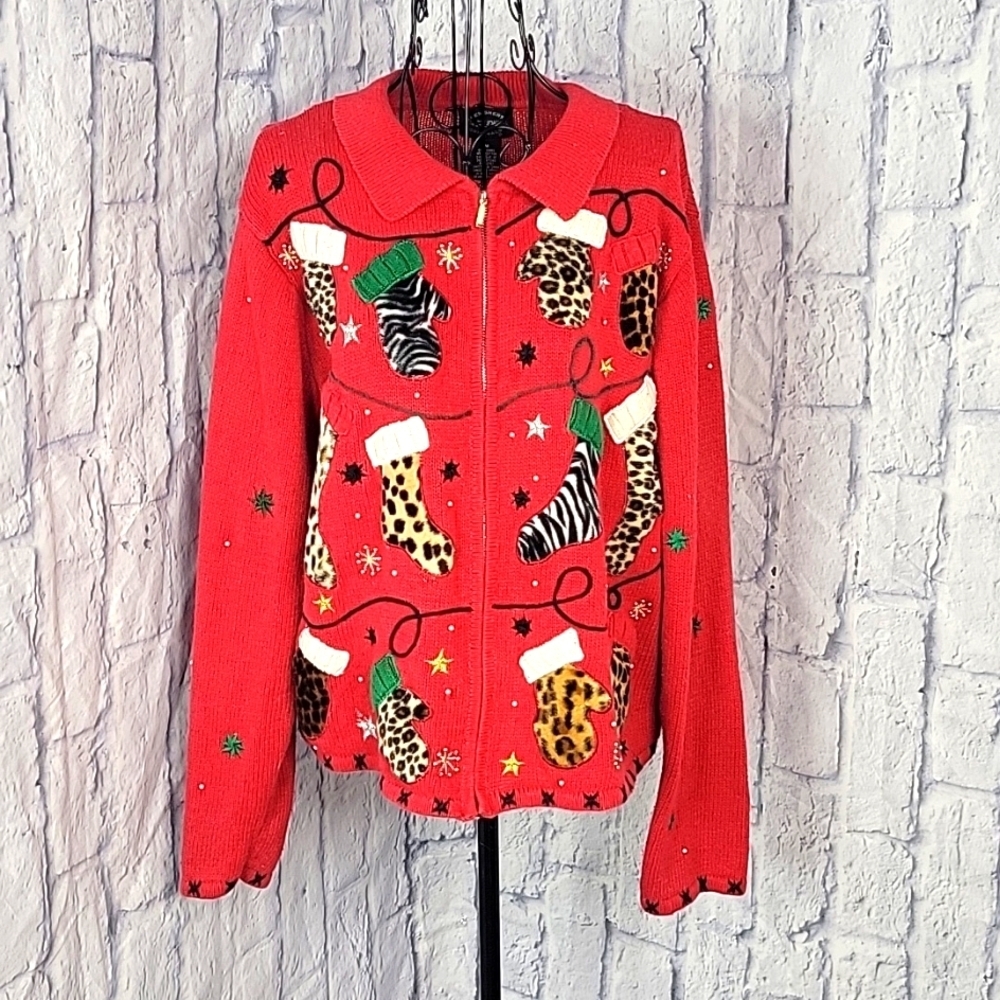 DESIGNERS STUDIO‎ Embroidered/Beaded/Appliqued Christmas Cardigan Sweater Medium